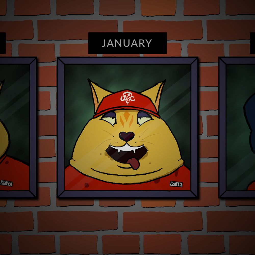 Art of a employee of the month wall. Photo of a morbidly obese anthropomorphic yellow cat with fat cheeks and his tongue out.