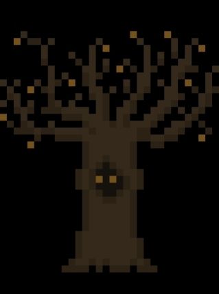 Pixel art dead tree with eyes peeking from a hole in the trunk