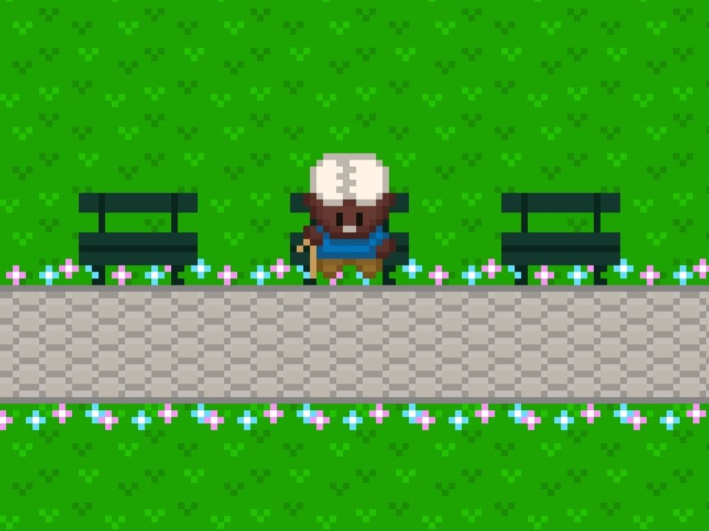 Pixel art scene of an older black gentleman with white hair and a white mustache, holding a cane and sitting on a bench next to a cobblestone path lined with pink and blue flowers. He's wearing a blue sweater and camel pants. (He's taking a break on his way to pick up his granddaughter Madiata from school.)