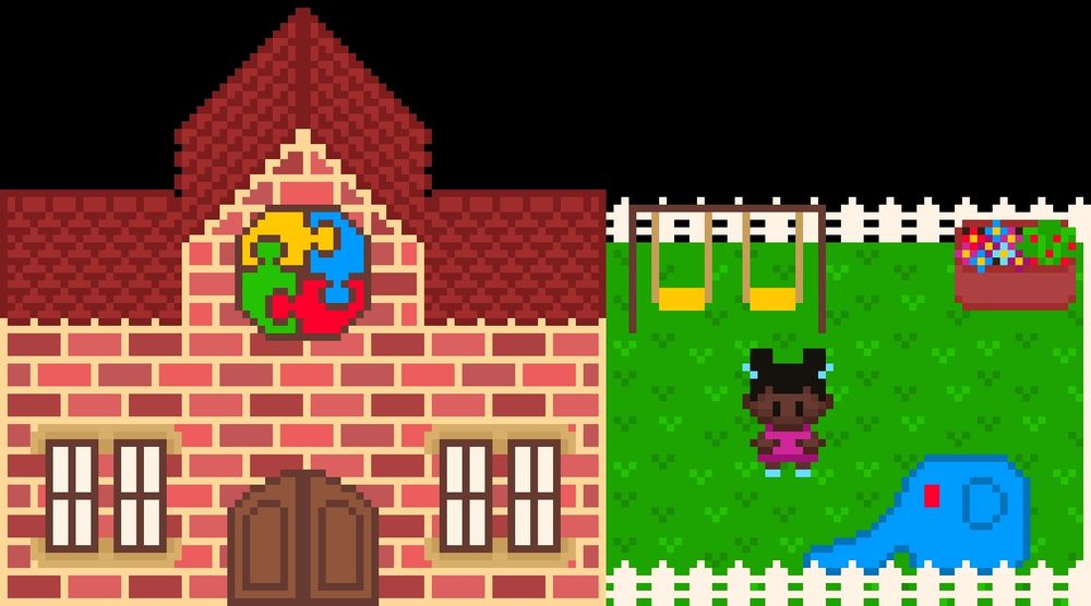 A school building made with pixel art. The building is made of bricks and has a colorful jigsaw puzzle emblem above the door. The playground has grass, a blue elephant slide, some swings and a planter with flowers and strawberries. Madiata is in the playground, she has dark skin, a pink dress and bright blue shoes. Her hair is in space buns, with bright blue pearls hanging on both sides.