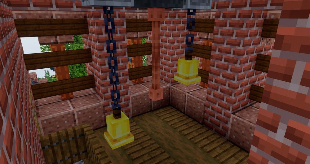 Screenshot of a minecraft build (brick gothich church) bells