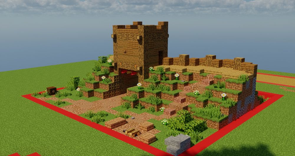Screenshot of a Minecraft build depicting a celtic gate house. (back)