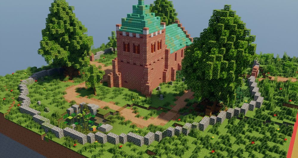 Screenshot of a minecraft build (brick gothich church) back