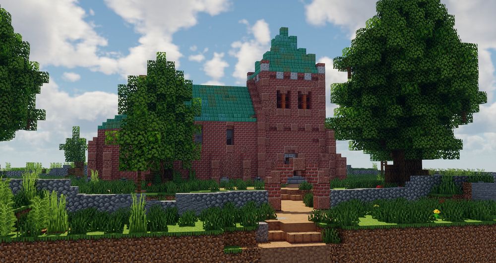 Screenshot of a minecraft build (brick gothich church) front