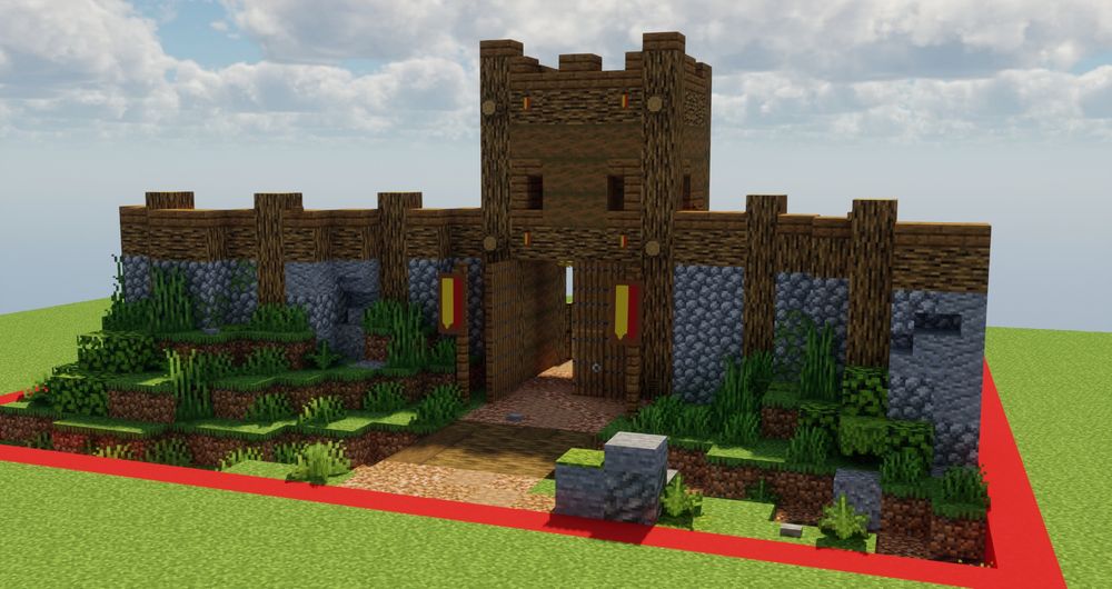 Screenshot of a Minecraft build depicting a celtic gate house. (front)