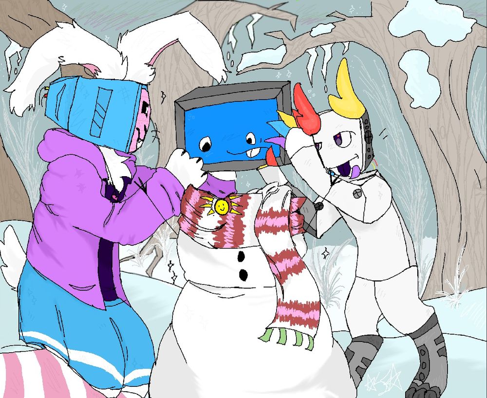 (Apologies if low quality, there isn't an option to save directly to my device). The picture depicts Melanie (on her knees to the left) and Prototype (on the right) lowering Scag onto two "mounds" of snow to play the joke that she's going to become a snow woman (or simply, "snowscag"). There is also a very nice candy cane themed scarf wrapped around the top of the snow body. My humor is peak, everybody laugh.