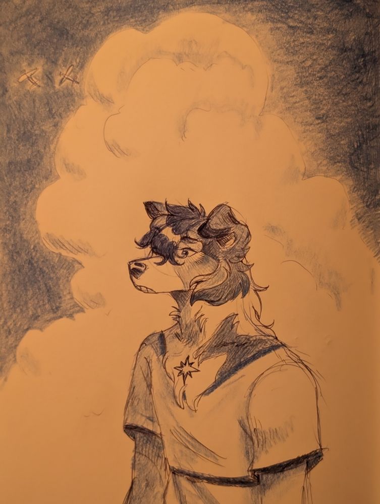 Blue colored pencil and pen of a collie anthro character from the waist up looking left with a large cloud behind them