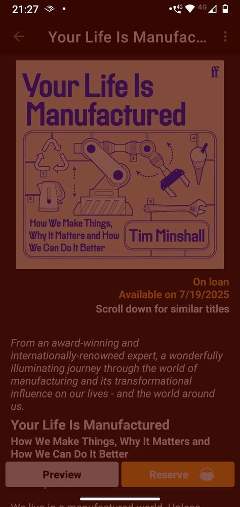 Screenshot of an audio book in the borrow box app.
Book is Your Life Is Manufactured by Tim Minshall. 