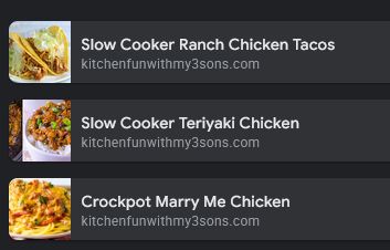 A list of three slow cooker recipes from a website with the URL "kitchenfunwithmy3sons.com".