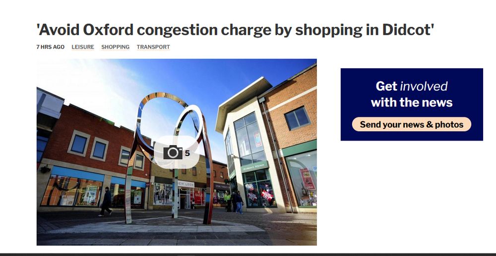 Oxford Mail headling that reads "Avoid Oxford congestion charge by shopping in Didcot". The headline is a quote from a Didcot councillor.