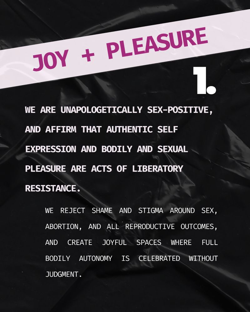 JOY + PLEASURE
We are unapologetically sex-positive, and affirm that authentic self expression and bodily and sexual pleasure are acts of liberatory resistance. We reject shame and stigma around sex, abortion, and all reproductive outcomes, and create joyful spaces where full bodily autonomy is celebrated without judgment.