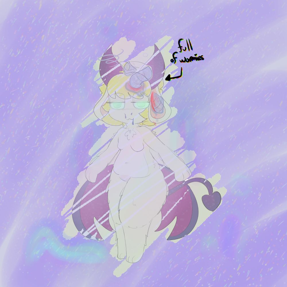 puppubus has been transformed into an imp, and infested with spiral grubs! one bores through her skull, leaving a trail of ichor and blood. another squishes and burrows into her ear, blood and ichor mixing across its slick exterior. ichor drools from her snout and the corner of her mouth as her eyes glow with enthrallment. text above her head points at her and reads "full of wormies".