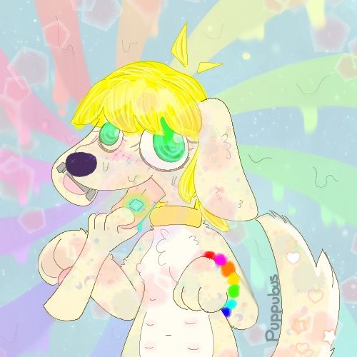 a familiar puppy holds its paws out, tongue pulled forward by a disembodied hand. a teal square gets placed on its tongue, radiating out waves of rainbows. sweat runs down its face and spirals are present in its eyes as a rainbow spiral melts and drips across the background. its exposed nipples harden in response to its intoxication kink.