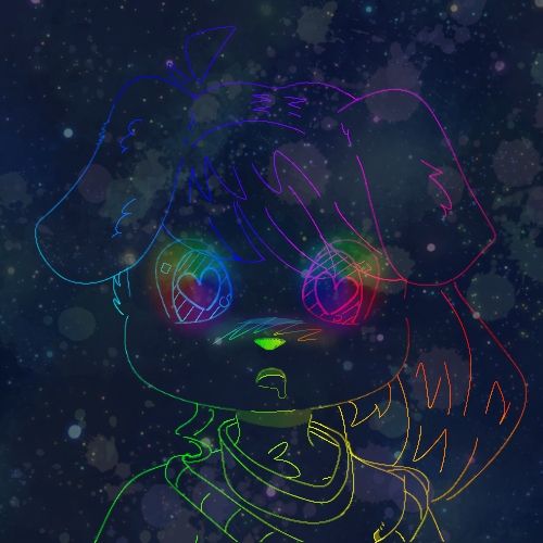 lineart of a familiar dog, her eyes wide with love and wonderment, glowing rainbows on a living starscape