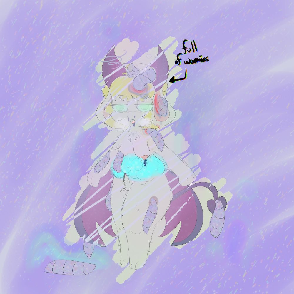 a variant of the previous image, with the addition of more spiral grubs. her breasts are larger and lactating ichor; a spiral grub is latched on and nursing. her stomach glows blue and is distended with impressions of eggs, as her small cock leaks ichor. her maw hangs open in altered bliss as grubs burrow into her fur and fuck-puppet her in her entirety.