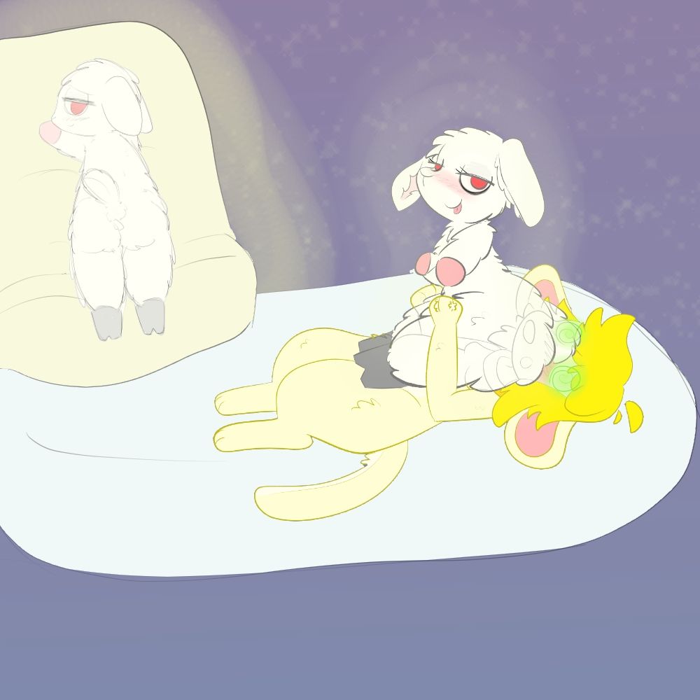 topaz dog has her face pinned beneath her lamb chop plushie as she lies on her dog bed, paws gripping her hips as lamb chop smugly glances back, paws folded across her chest. topaz's eyes swirl and glow as lamb chop gently glows, her demeanor dripping with one big taunt. in the corner, a second lamb chop plushie, with more modest proportions, lays on its stomach atop a pillow and faintly glows, looking back at the viewer. the tag beneath its tail is in full view as its gaze beckons.
