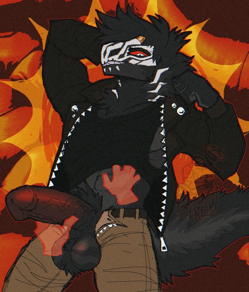 Commission for Sol of their big allosaurus boy Cyrus with two ghost hands feeling him up 