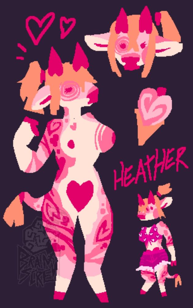 Lineless doodle of my cowgirl Heather. She's pink and red and has a new swirly ice cream theme. Her markings are mostly freeform.