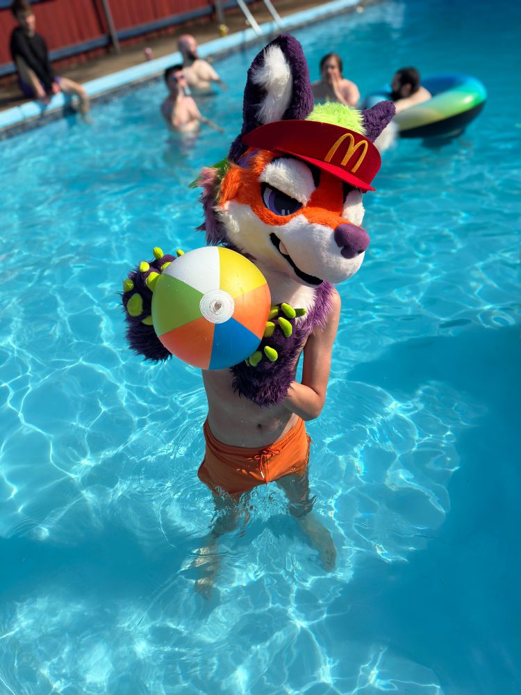 a maned wolf fursuiter wearing a McDonald's visor holding a beach ball in a swimming pool with other people in the background