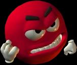 Roter Kreis (ähnlich einem M&M) vor schwarzem Hintergrund mit aggressivem Gesicht was beide Fäuste ballt.