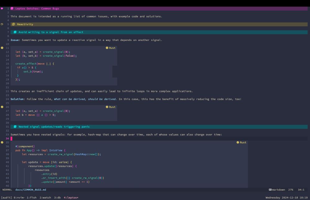 A markdown preview within Neovim, showing syntax-highlighted code blocks, including gutter icons for each filetype, and custom rendering of headers, with unique colors for each level and a replacement of the hash syntax (###) with custom icons.