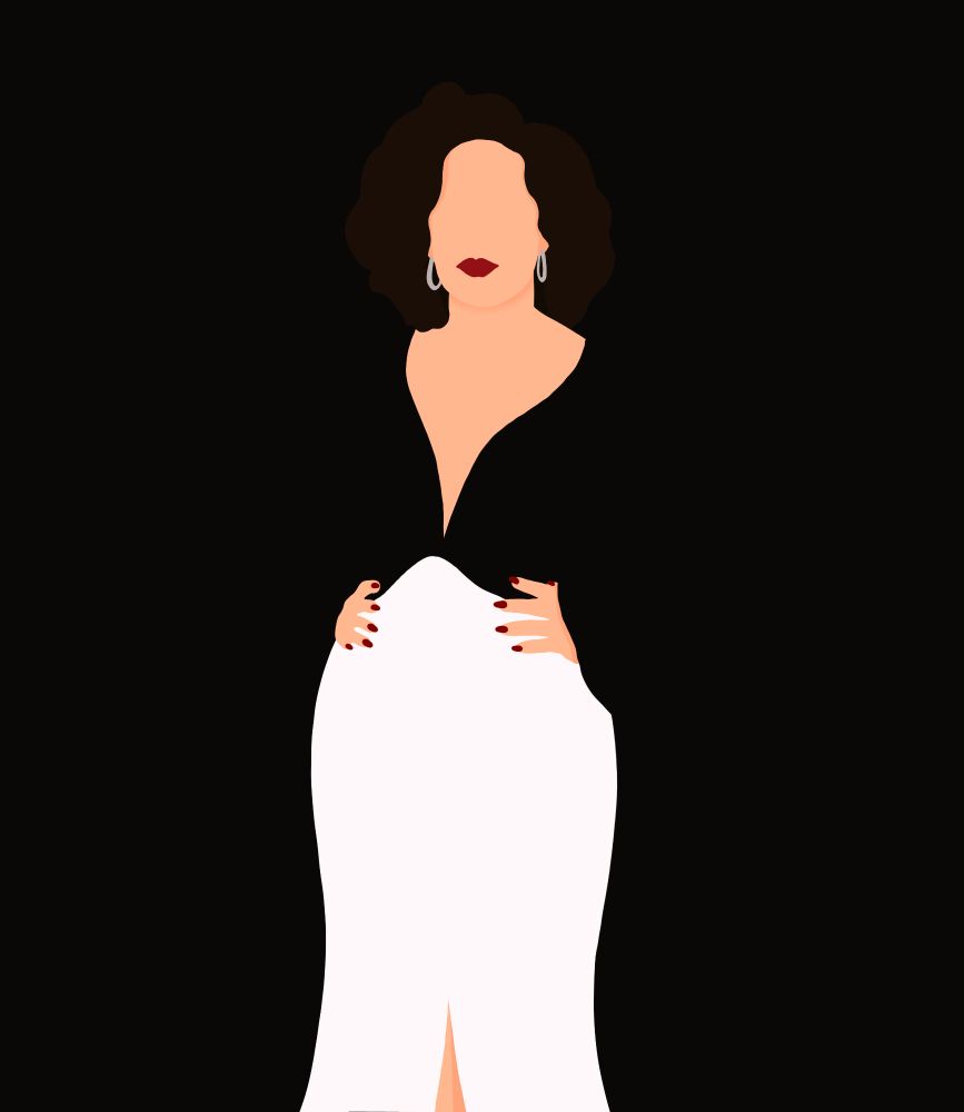 Silhouette art of Sandra Oh in black and white dress
