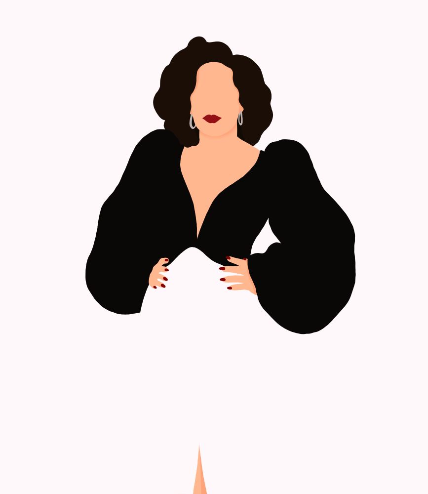 Silhouette art of Sandra Oh in black and white dress