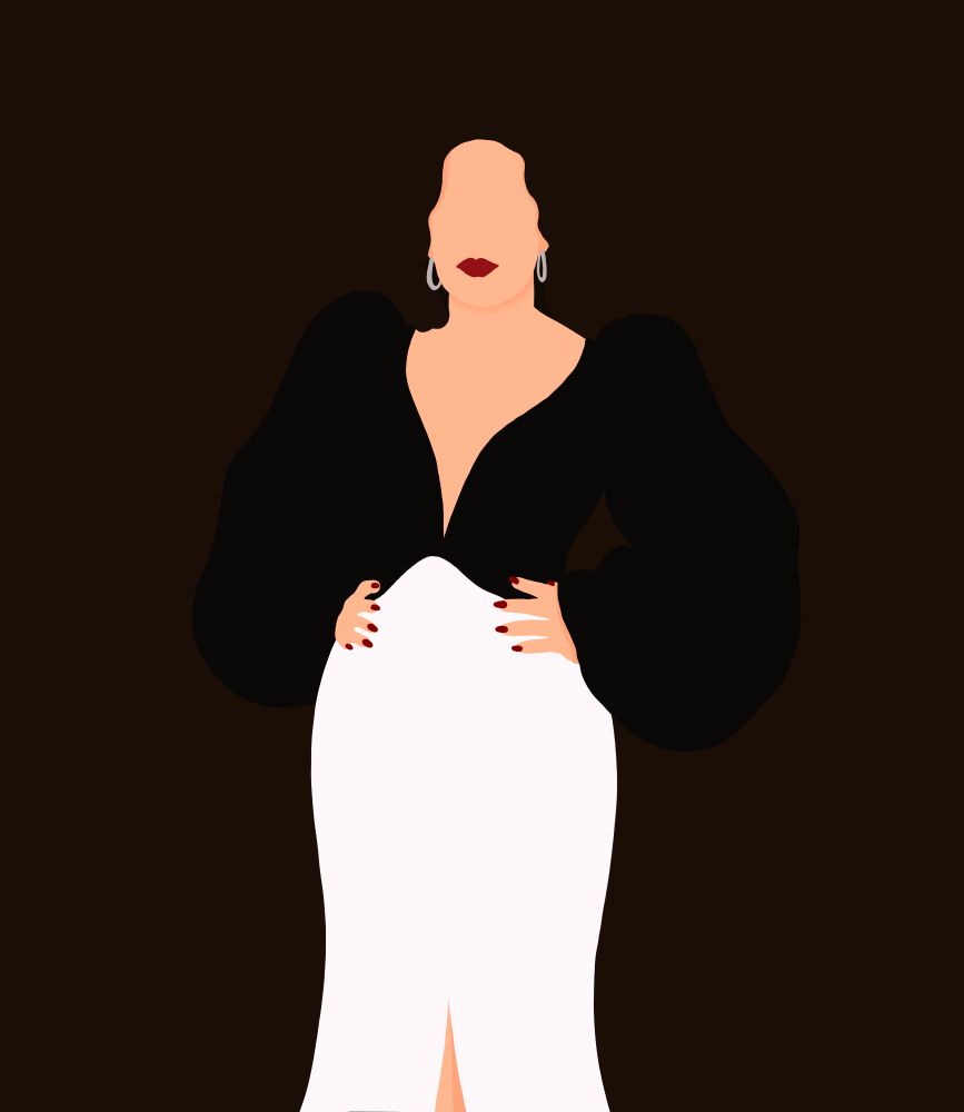 Silhouette art of Sandra Oh in black and white dress