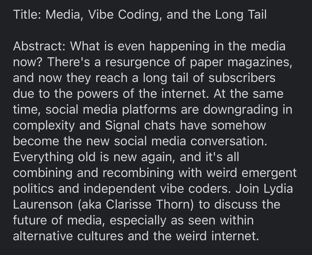 Description of Lydia’s upcoming talk at HOPE (also available at HOPE website) - title: “Media, Vibe Coding, and the Long Tail”