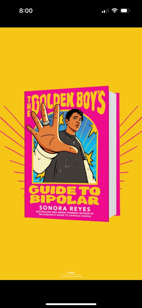 a yellow slide with the full cover of The Golden Boy's Guide to Bipolar. The cutout of the boy from the previous slide is front and center in the cover. He stands in front of a blue arched background with yellow stars and panels reminiscent of stained glass. The background of the cover is pink and yellow font reads "The Golden Boy's Guide to Bipolar by Sonora Reyes"