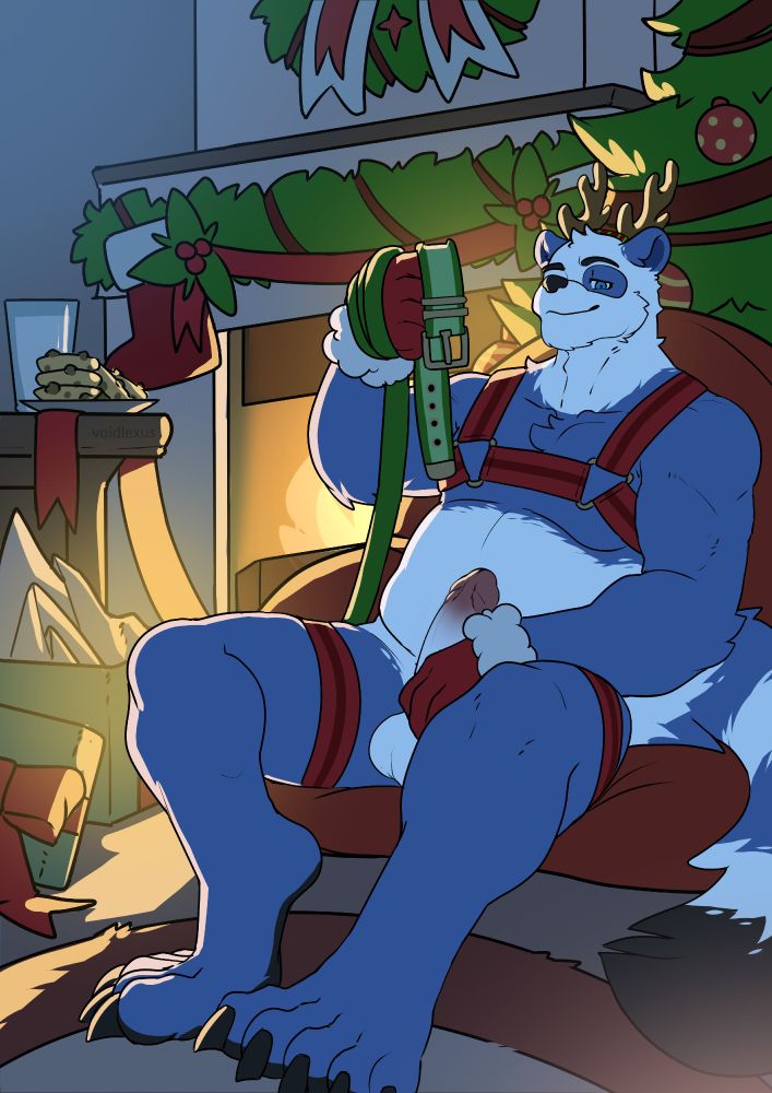 My Sona Dust, Sitting on a bean bag. Dressed in harness, Holiday gloves and Reindeer horns. Holding a collar and leash while having a hard on, giving the viewer a look of "You wanna ride this sleigh?"