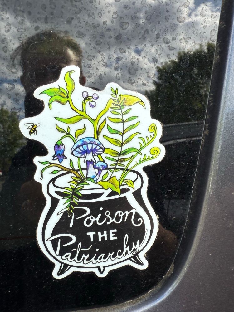 A sticker in a car window contains a drawing of a black cauldron with a variety of plants and mushrooms in it, and the words “Poison the Patriarchy” written across the front.