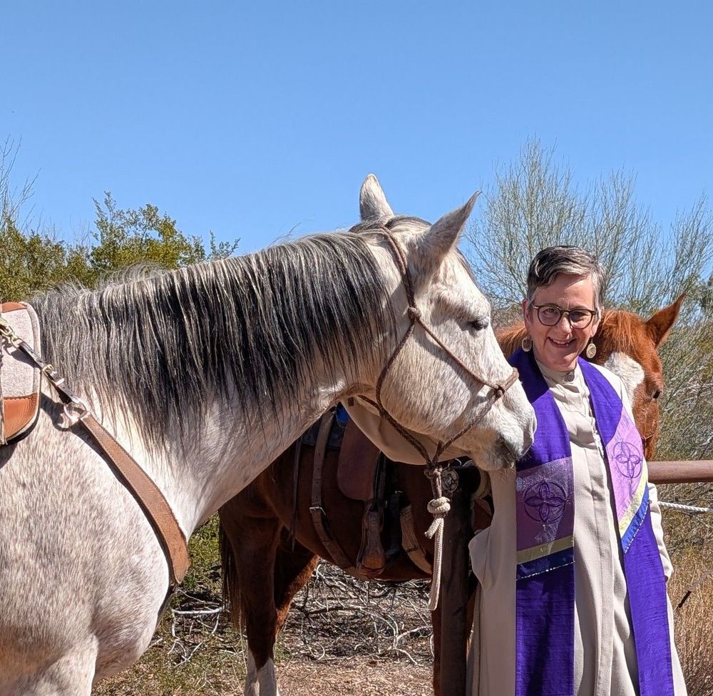 White and gray horse, with a gray mane is being pet by Pastor Rachel M. Srubas. Pastor Srubas is wearing a white robe, and a stole with two shades of purple. She has peppered gray hair, black circle framed glasses and is smiling.