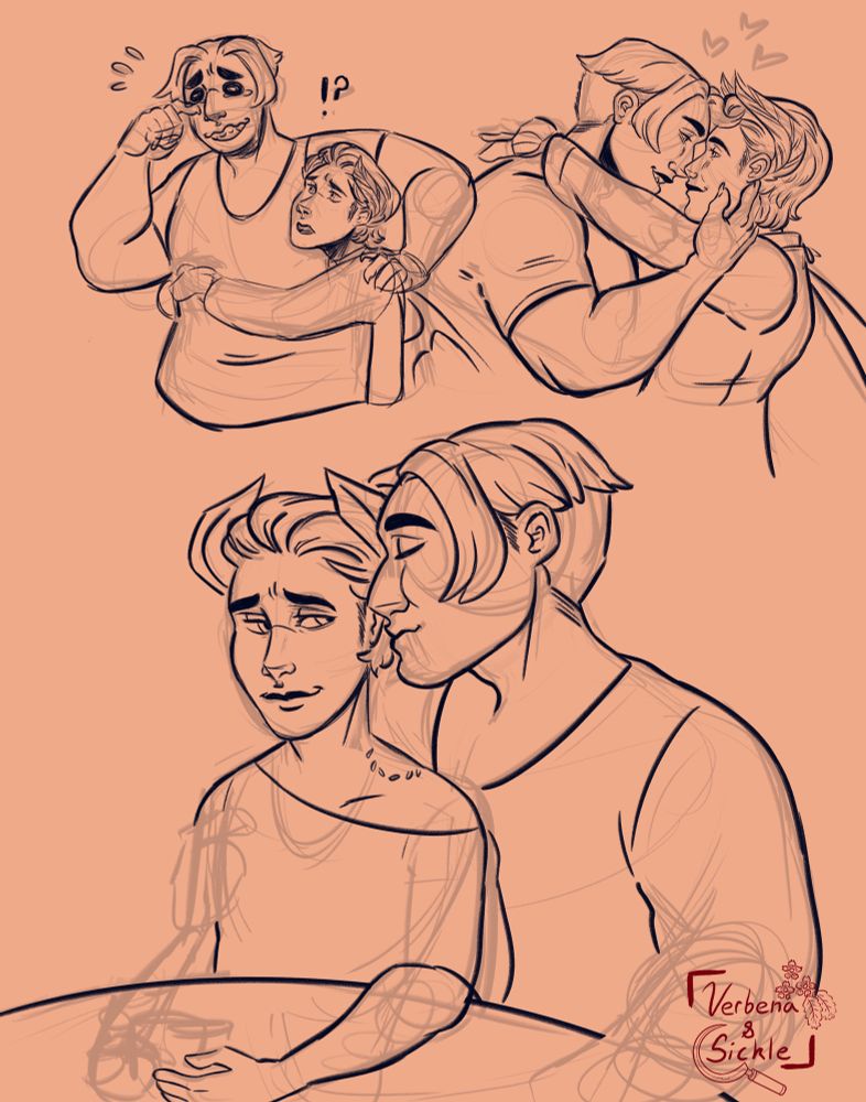 Three images of Tyson and Valen interacting. The top left, Tyson tears up as Valen hugs him from behind, next to that Tyson and Valen are gazing lovingly into each others eyes, and the bottom, Tyson leans in to kiss Valen on the cheek, who looks at him with fondness. Valen is a big nerd 😌