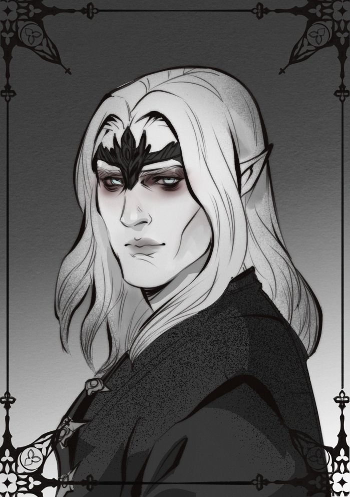 Mannimarco, the God of Worms. Grey scale line art of an elf with long white hair and dark clothes. 