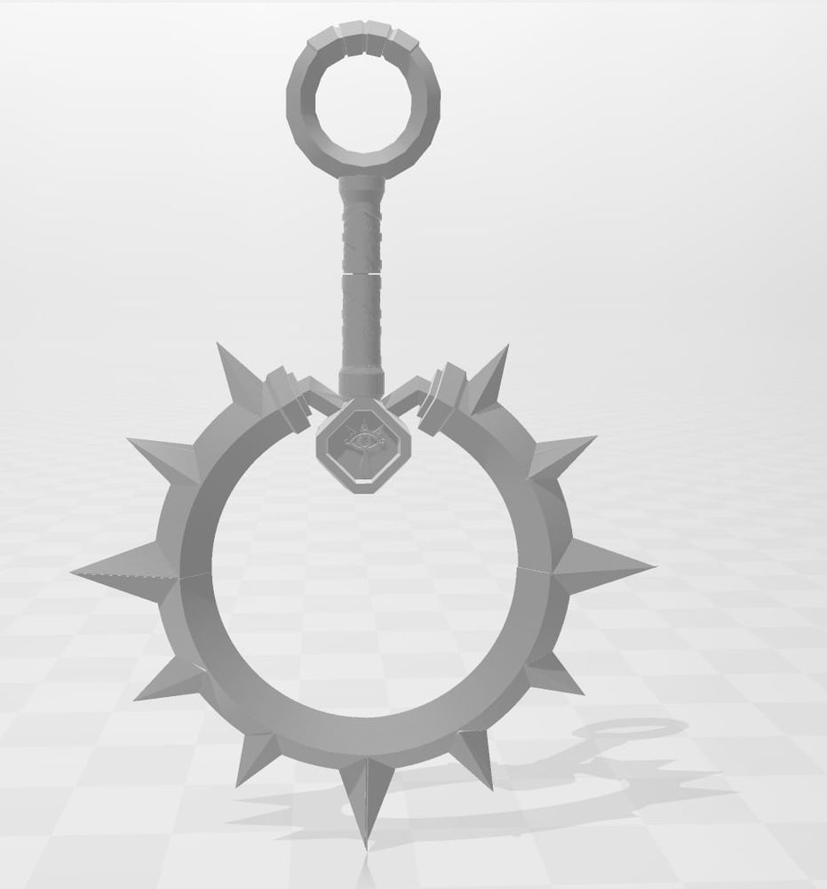 A grayscale 3d model of a round spiked fantasy weapon 