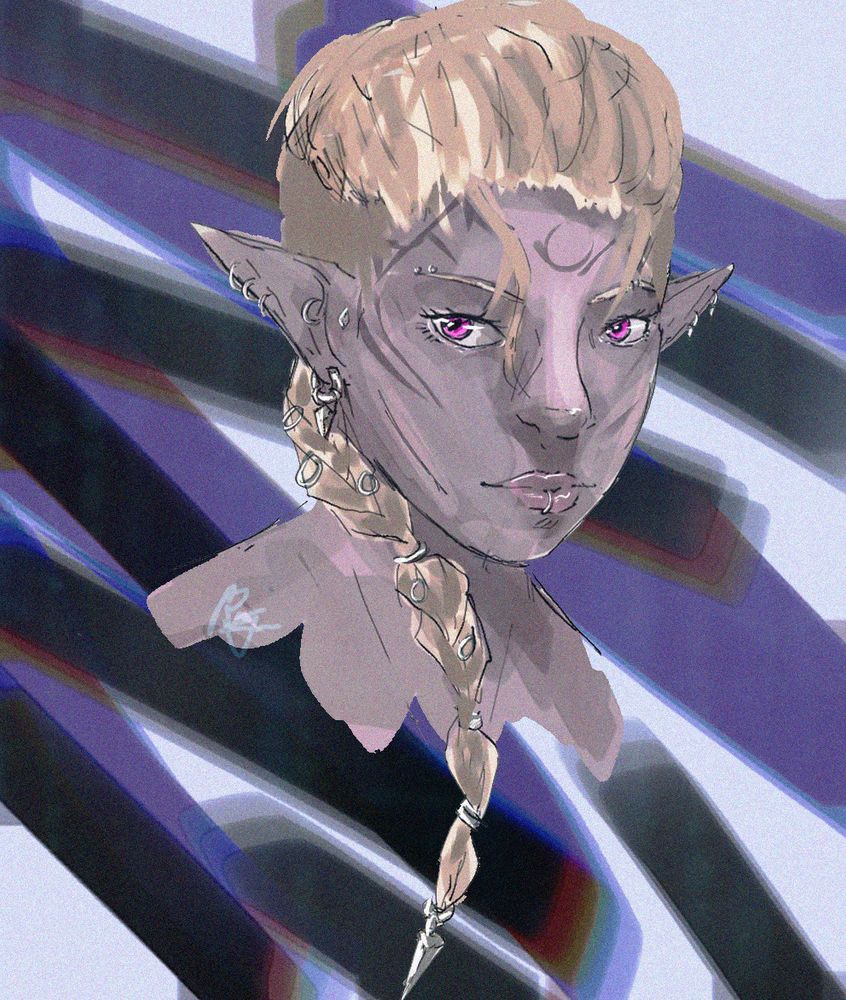 a digital drawing of a purple skinned elf with blond hair 
they have many piercings and a facial tattoo. Their eyes are bright pink and the background is blue-purple streaks 