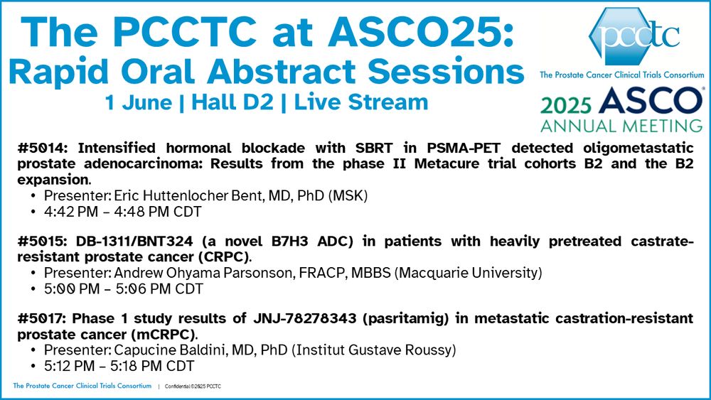 Today at #ASCO25, Rapid Oral Sessions featuring PCCTC #prostatecancer science: the phase 2 Metacure trial, the novel B7H3 ADC DB‑1311/BNT324, and the phase 1 study results of JNJ-78278343