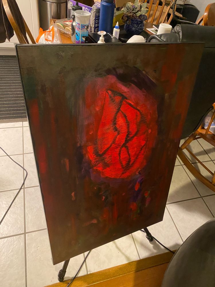 Canvas painting of a blurry (human) heart-like shape with dark black veins, brushes of green, and dripping blotches of black, red, and purple. Meant to portray the solitude of a heart inside a body