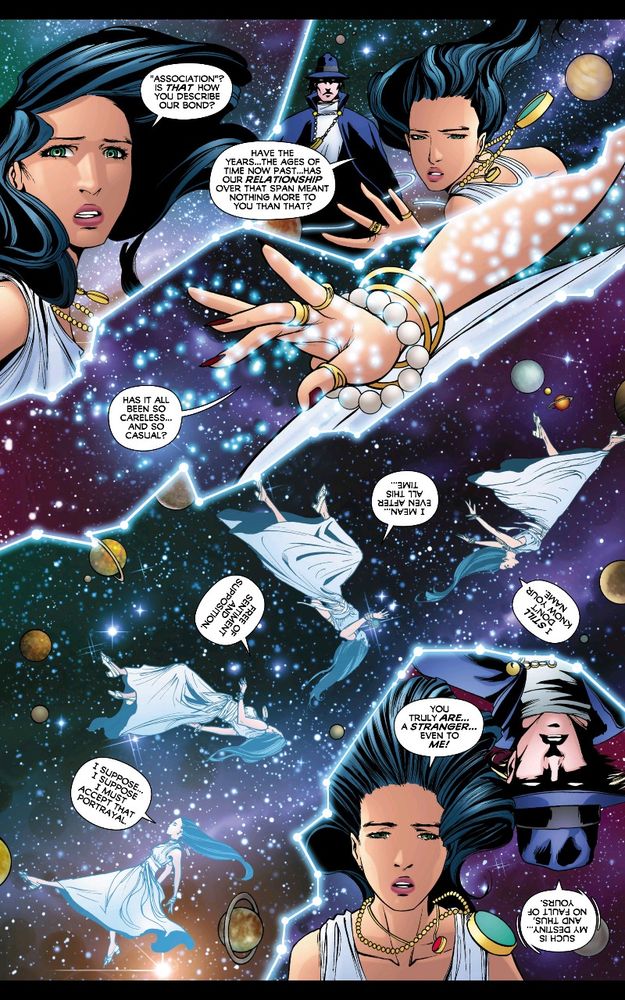 A full page from Madame Xanadu of her flying through space having some kind of mystical argument with the mysterious stranger