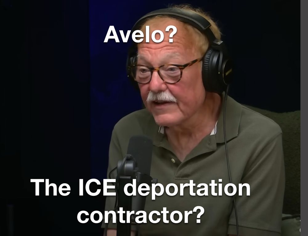 Man speaking into microphone:
Text: Avelo?
The ICE deportation contractor?