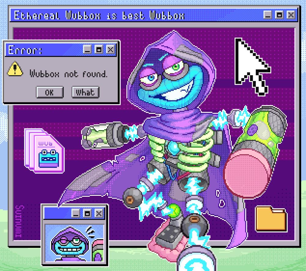 Pixel art fanart of Ethereal epic wubbox from my singing monsters. They are stepping out of a windows pop up message into the desktop background. There are error messages and folder icons surrounding ethereal wubbox.