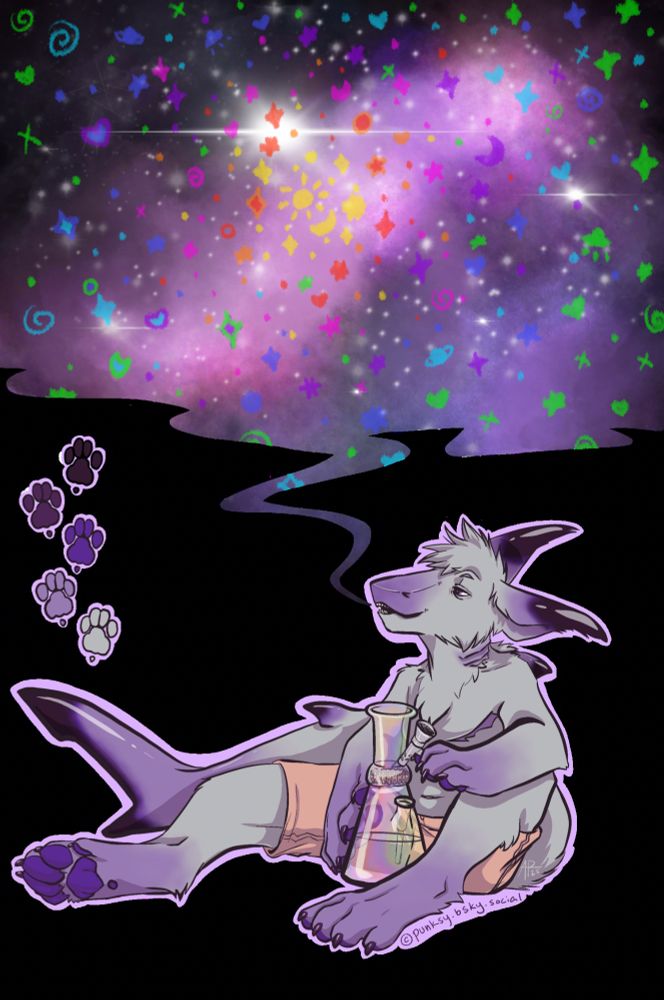 A gray and purple furry shark-dog lounges, sitting down with one leg bent up and the other stretched out. His long shark tail curls and flops behind him. He has purple-tinged gills on the sides of his neck, a small fin between his shoulder blades, and long ears that resemble fins. His nose is flat and blunt. Bolton wears orange shorts and he holds an iridescent b0ng between his legs. From a toothy mouth he exhales a lazy cloud of smoke that havers upward and unveils a galaxy.