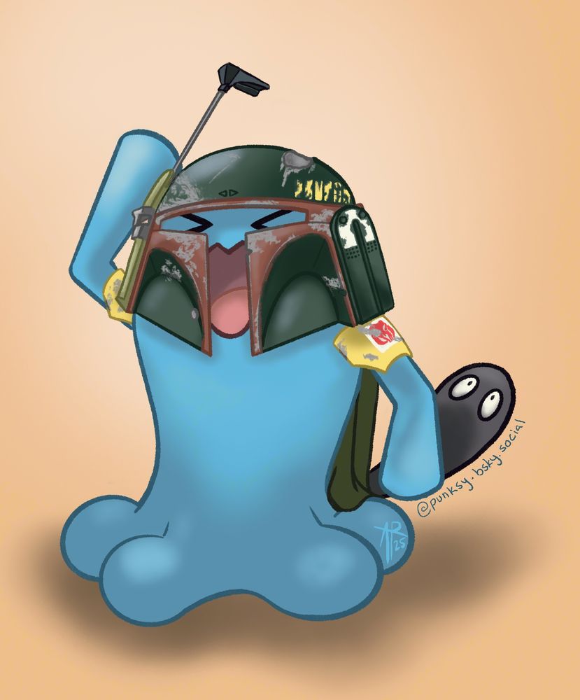 A wobbuffet (a light blue blob-shaped pokemon with four round feet and a flat tail with eyespots) wearing the helmet and shoulder pauldrons of infamous space bounty hunter, Boba Fett. He is saluting towards, but just a little to the side of, the camera.