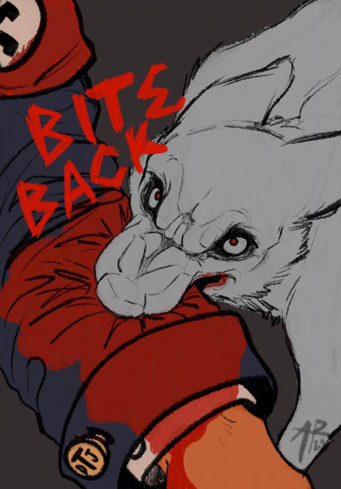 An illustration of a light-gray wolf snarling and biting into the arm of a person just out of frame. The arm is clad in a bloodstained navy blue suit sleeve, sporting a n@zi armband and a cufflink visible with the initials "DJT" (with the surname initial between first and middle initials) monogrammed on it. The hand sticking out of the sleeve is small and orange. The words "BITE BACK" are superimposed in red just above the blood on the sleeve, matching the red of rage in the wolf's eyes.