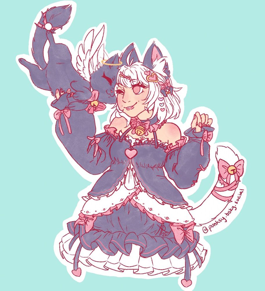 A digital drawing of the vtuber Cordelia Rosengard, who is a cute catgirl with black ears and white hair and tail. She is wearing a frilly lolita-style dress in white, black, and pink, that features many bows, ruffles, and hearts. Around her neck is a choker with a pink ruff and bow, and a large gold bell in the center. The same kind of bow and bell is wrapped around the end of Cordi's tail, and matches the one around the neck of 8-Bit, the winged black cat Cordi is petting. They have their faces nuzzled together and Bittie is getting some well-deserved chest scritches.