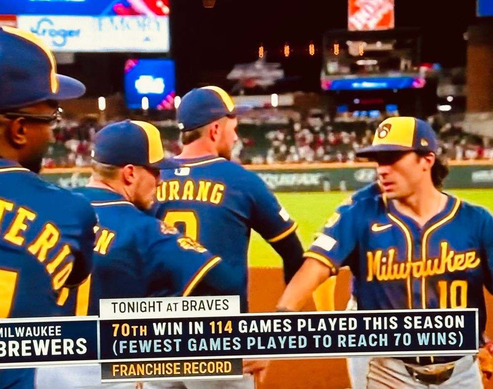 Brewers are on fire. 70 wins in 114 games franchise record 