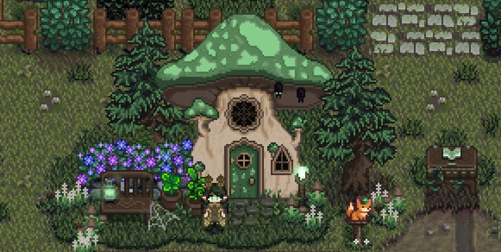 Stardew valley modded. This is showcasing an in game screenshot of a green mushroom farmhouse. It has details of hydrangea bushes with a bench in front of them