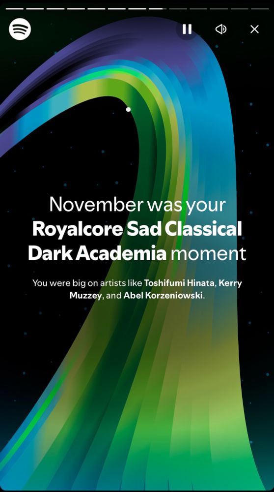 image of a blue/green ribbon-like pattern with a black background, with the text “November was your Royalcore Sad Classical Dark Academia moment” - from my Spotify Wrapped