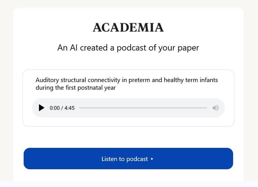 A screenshot of a message from academia dot edu saying "an AI created a podcast of your paper".